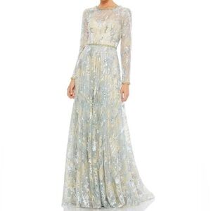 Mac Duggal 12460 Sequin Embellished Jewel Neckline Long Sleeve Lace Gown Reemoly